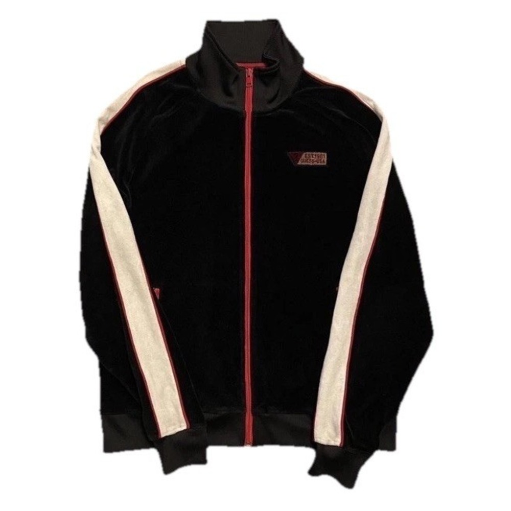 Guess Velour‎ Velvet Fulham Embossed Logo Track Jacket Men Size Large Black
